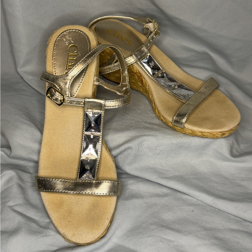 Chaps Gold Espadrille Wedge Sandals Rhinestone Strap Size 8.5